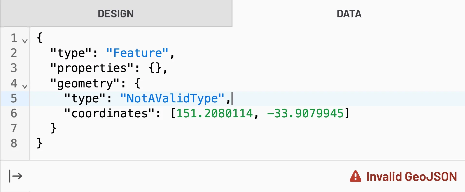 Editor showing a GeoJSON layer with bad data