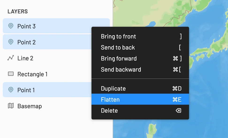 Context menu showing layers to be flattened