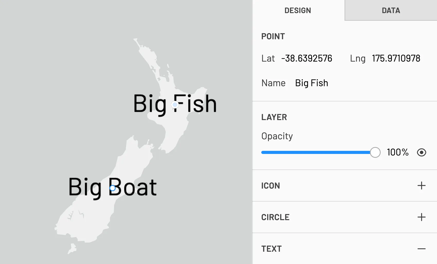 Point design tools showing text labels on a map of New Zealand