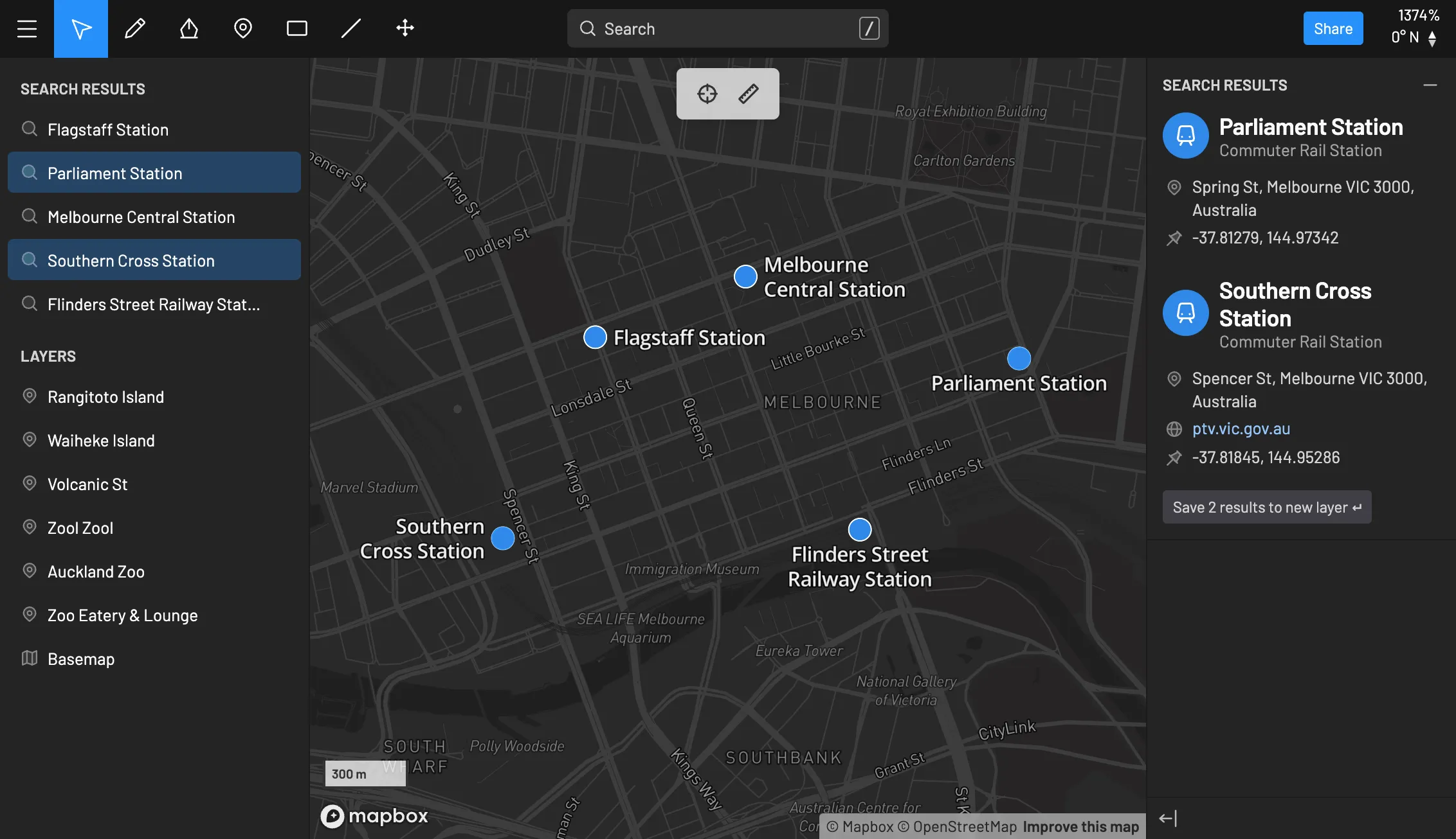 Turbomaps UI in dark mode showing Melbourne railway station